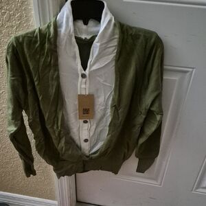 Women's Green V Neck Button Patchwork Wool Knit Top